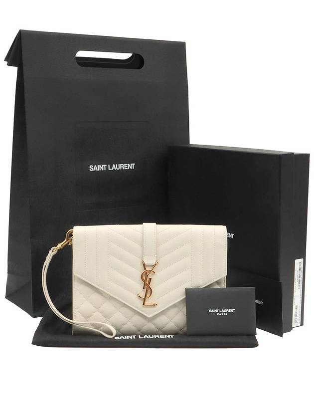 Luxury Saint Laurent Blanc Vintage White Grande Poudre Embossed Gold Monogram Envelope Strap Clutch