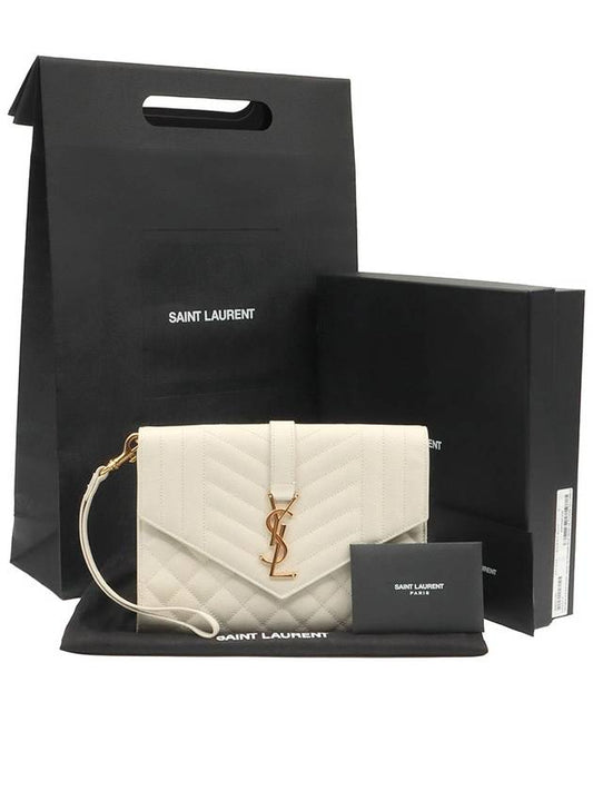 Luxury Saint Laurent Blanc Vintage White Grande Poudre Embossed Gold Monogram Envelope Strap Clutch