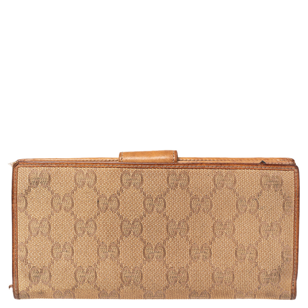 Luxury Gucci Trending 2025 Metallic Beige Gg Canvas And Leather D Ring Continental Wallet..