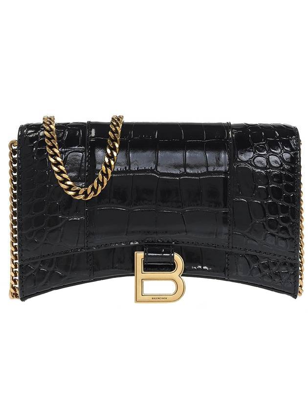 Luxury Balenciaga Hourglass Chain Crocodile Embossed Calfskin Medium Wallet Black