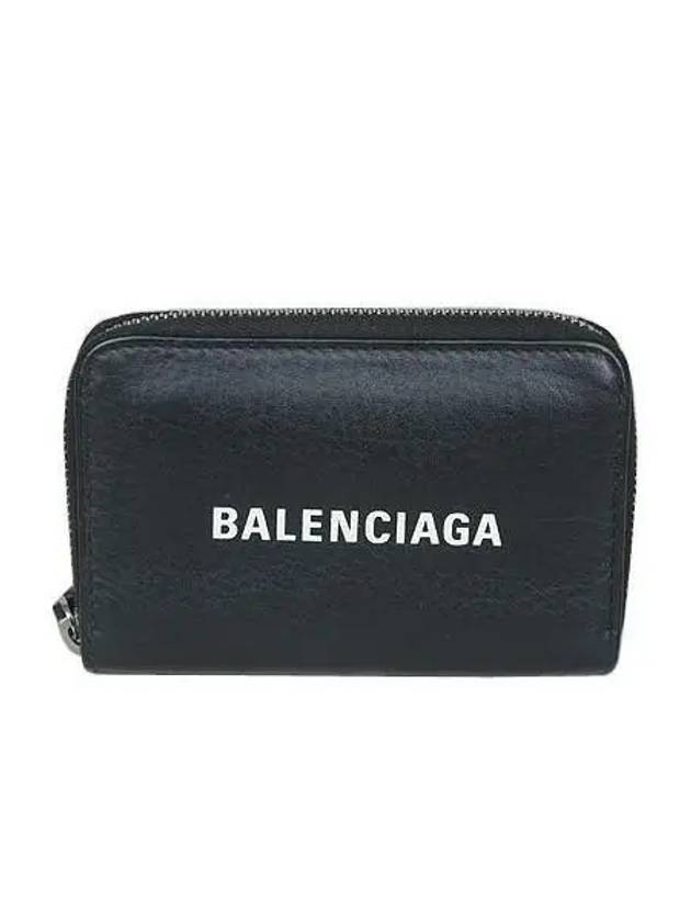 Luxury Balenciaga 505049 White Logo Black Leather Zipper Card Wallet