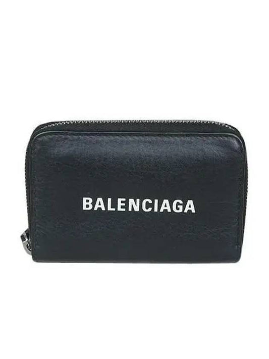 Luxury Balenciaga 505049 White Logo Black Leather Zipper Card Wallet