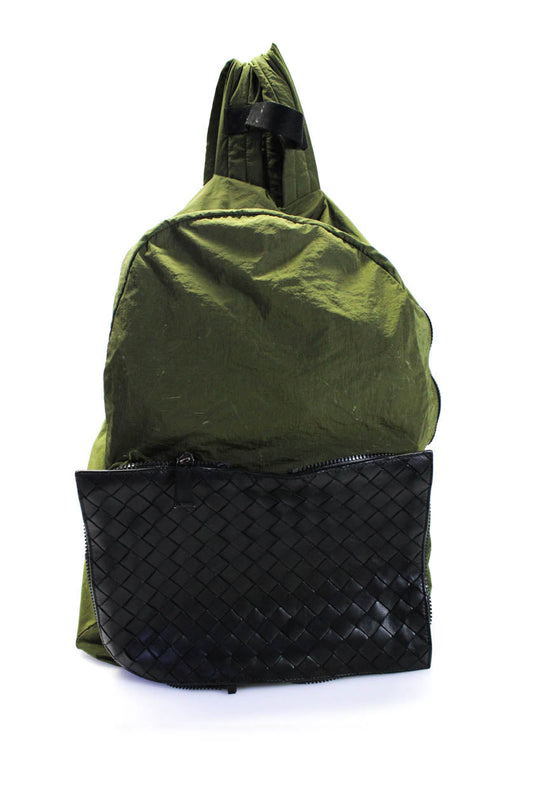 Luxury Bottega Veneta Womens Black Green Intrecciato Packable Backpack Bag Handbag