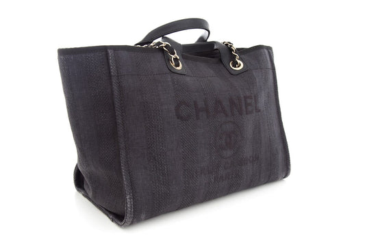 Luxury Chanel Chambray and Black Raffia Large Deauville Shopping Tote