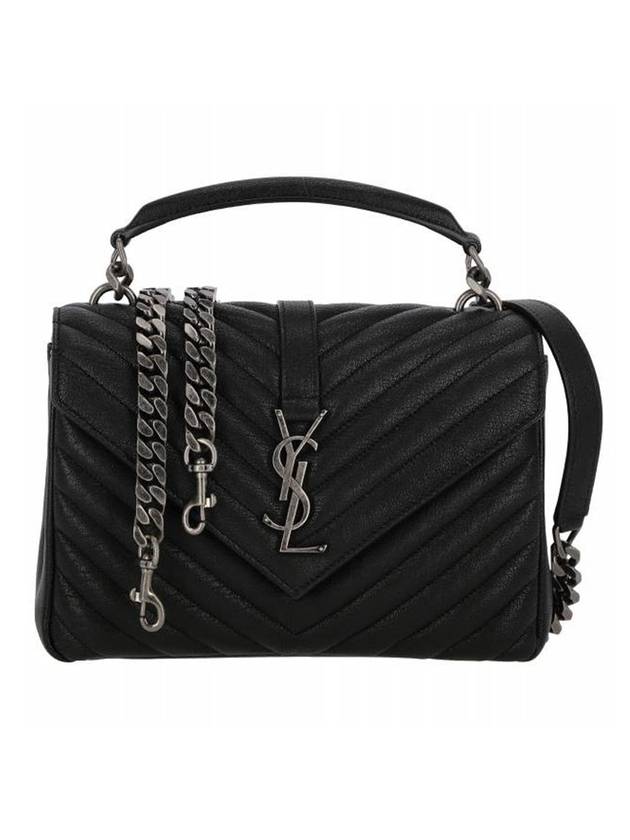 Luxury Saint Laurent Silver Monogram College Medium Chain Crossbody Bag in Matelasse Leather Black