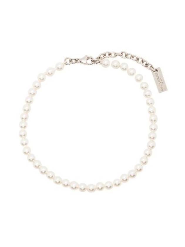 Luxury Saint Laurent Logo Plaque Glass Pearl Bracelet Cream