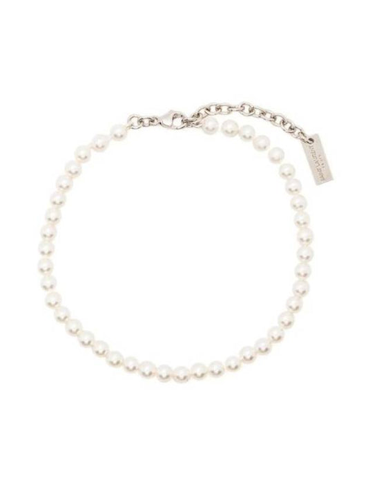 Luxury Saint Laurent Logo Plaque Glass Pearl Bracelet Cream
