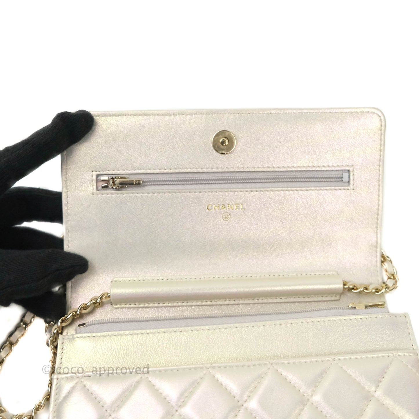 Chanel Quilted Wallet on Chain WOC Iridescent Ivory Light Gold Hardware