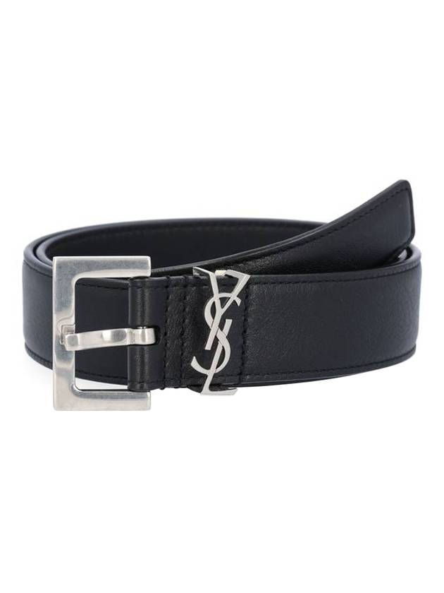 Luxury Saint Laurent Square Buckle Monogram Leather Belt Black