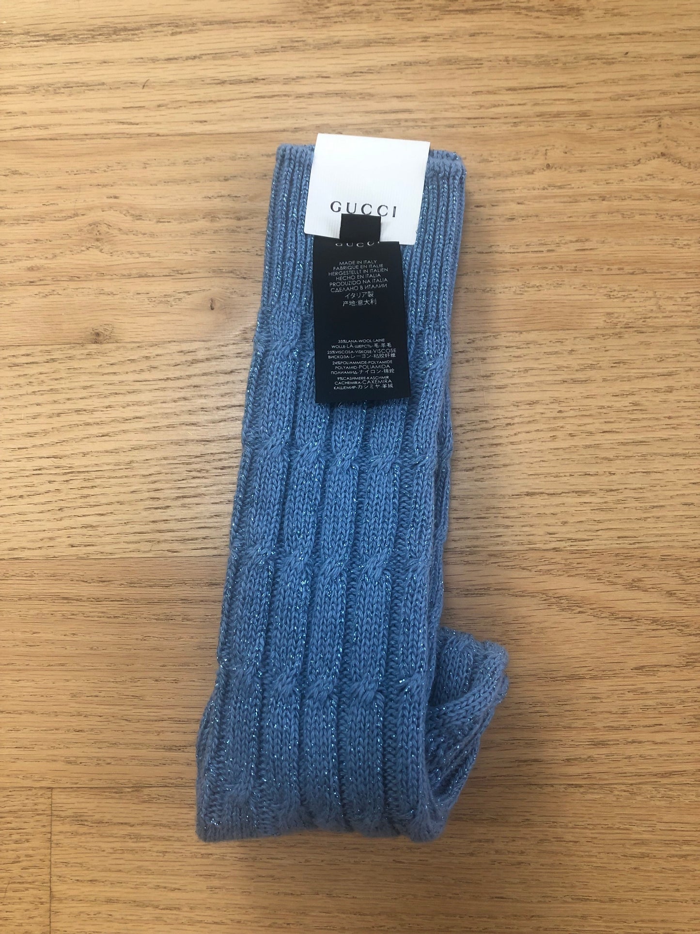 Luxury Gucci Trending 2025 Cable Knit Threaded Socks with Blue Lamé