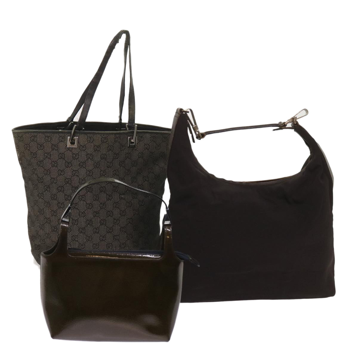 GUCCI GG Canvas Shoulder Hand Bag patent 3Set Brown Black khaki  bs11673