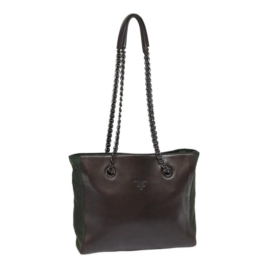 Luxury Prada Chain Shoulder Bag Leather Nylon Dark Brown Green  bs17011
