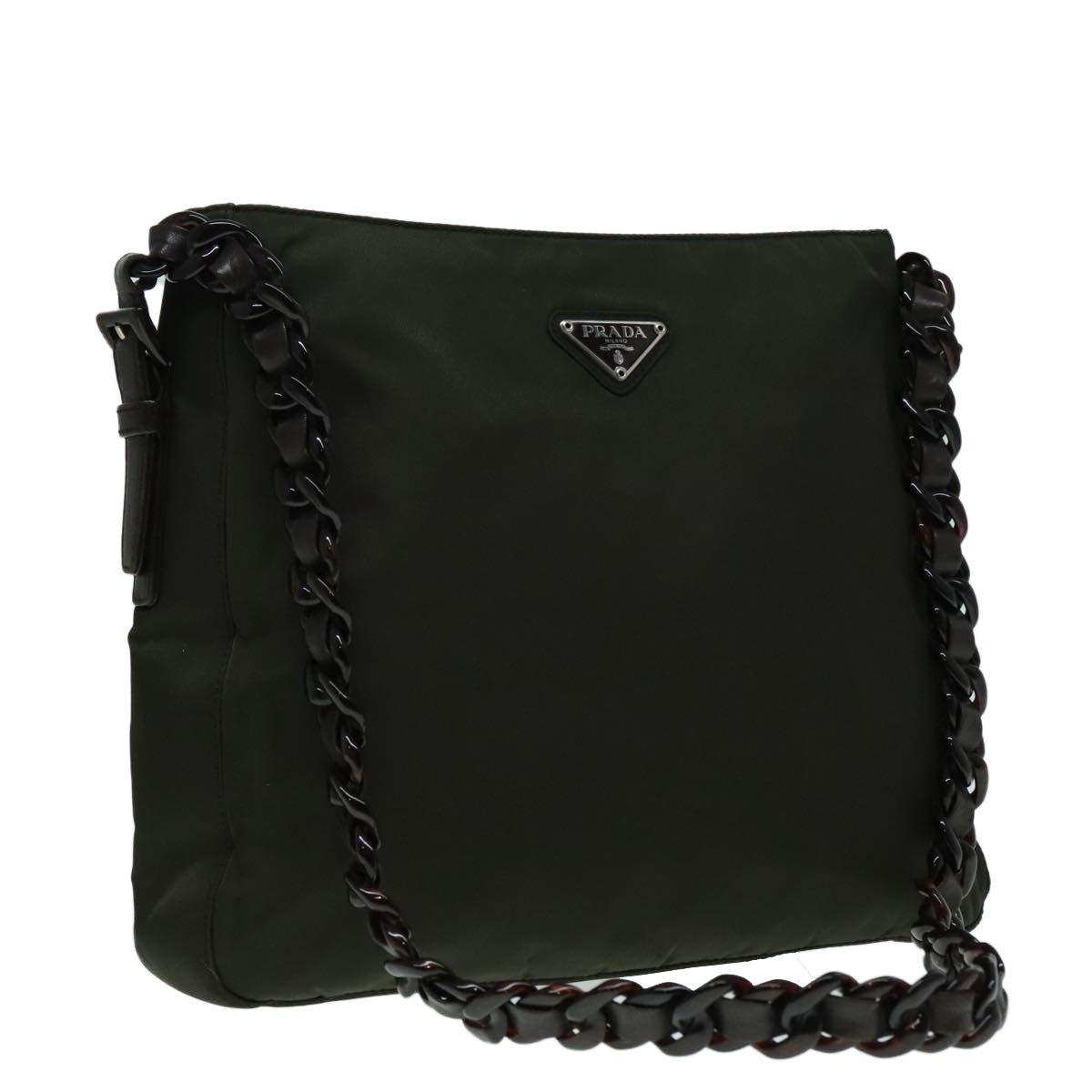 Luxury Prada Shoulder Bag Nylon Plastic Leather Khaki Brown Silver  bs18502