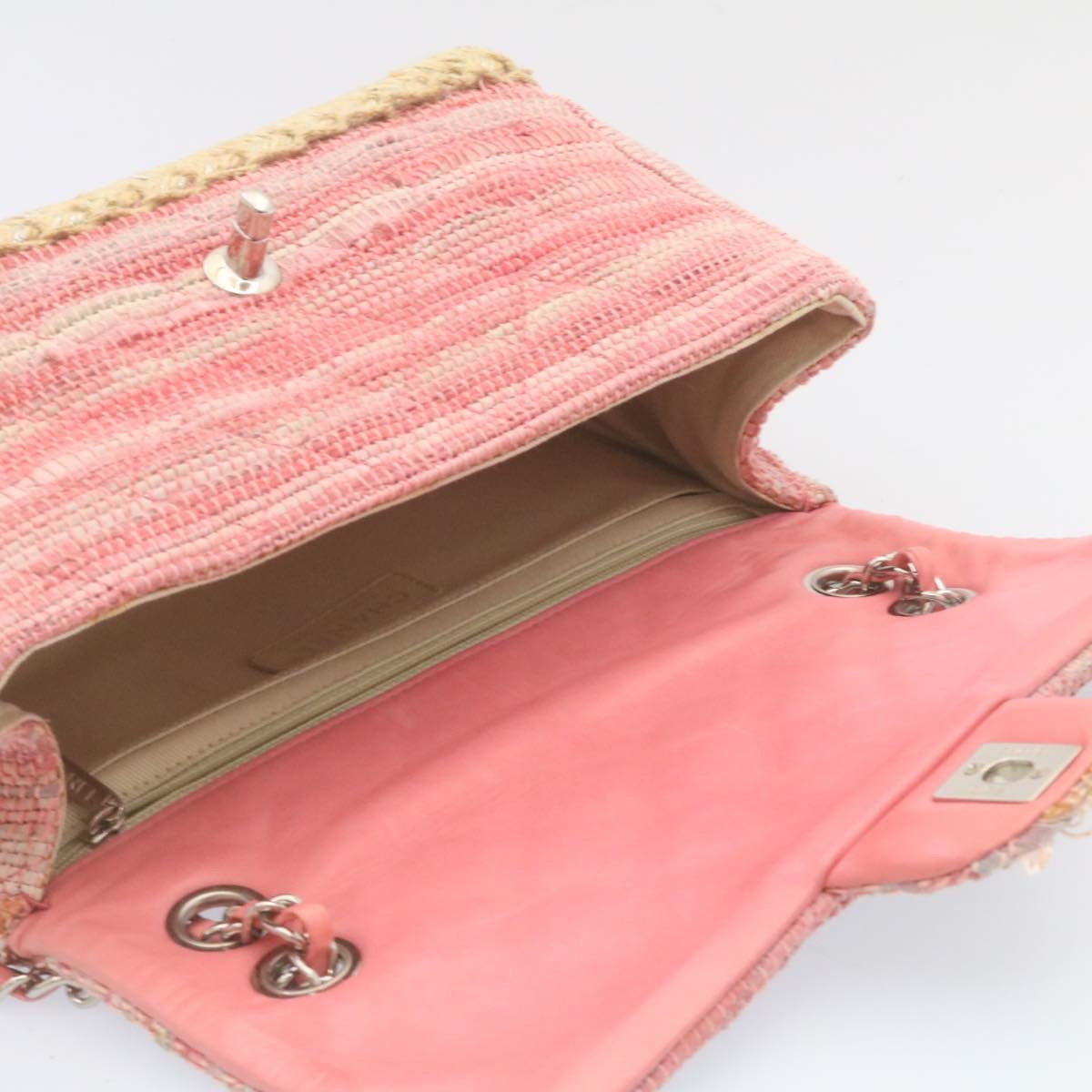 CHANEL Chain Flap Shoulder Bag Turn Lock Canvas Pink CC  bs334A