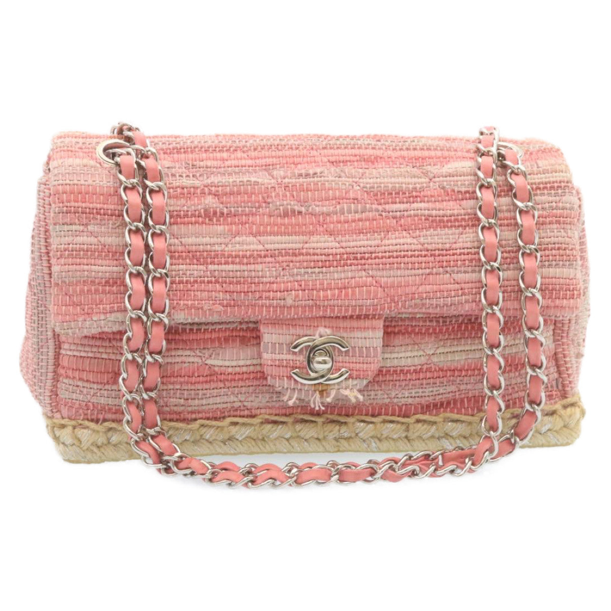 CHANEL Chain Flap Shoulder Bag Turn Lock Canvas Pink CC  bs334A
