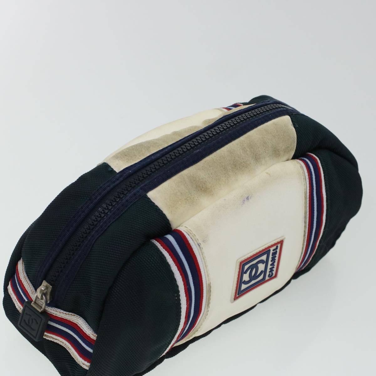 CHANEL Clutch Bag Canvas White Navy CC Auth bs5370