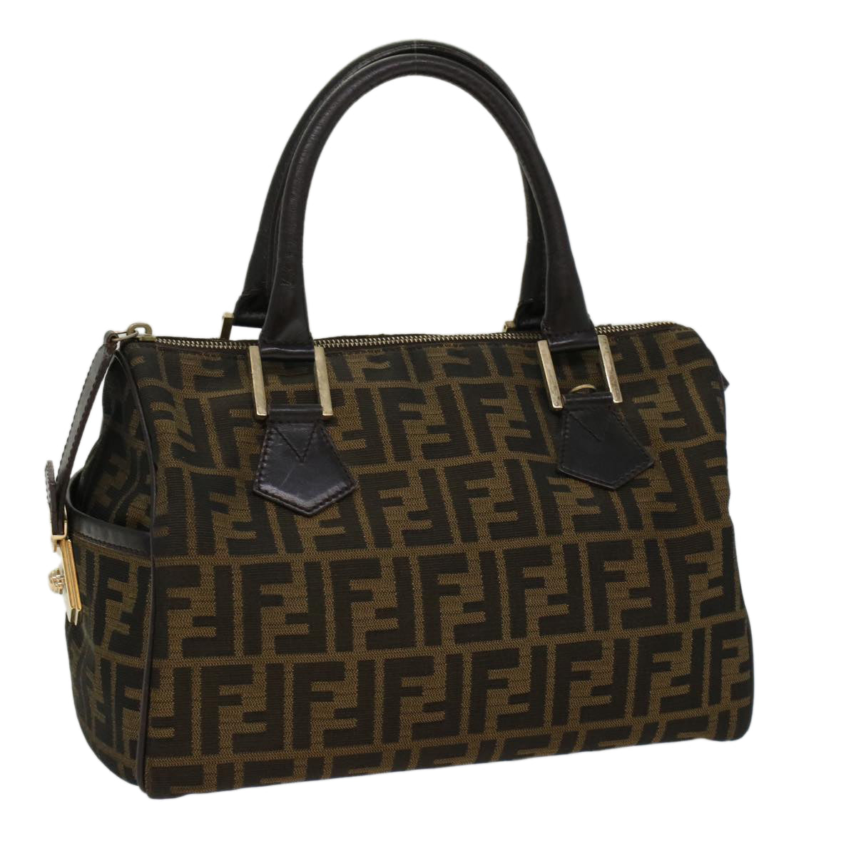 Luxury FendiZucca Canvas Boston Bag Leather Black Brownbs7951