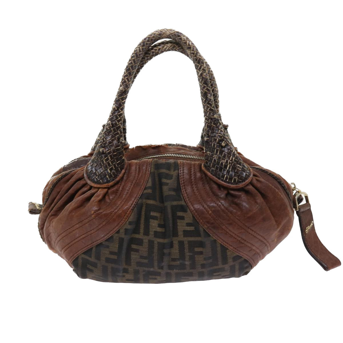 Luxury FendiZucca Canvas Spy Hand Bag Nylon Leather Brownbs8264