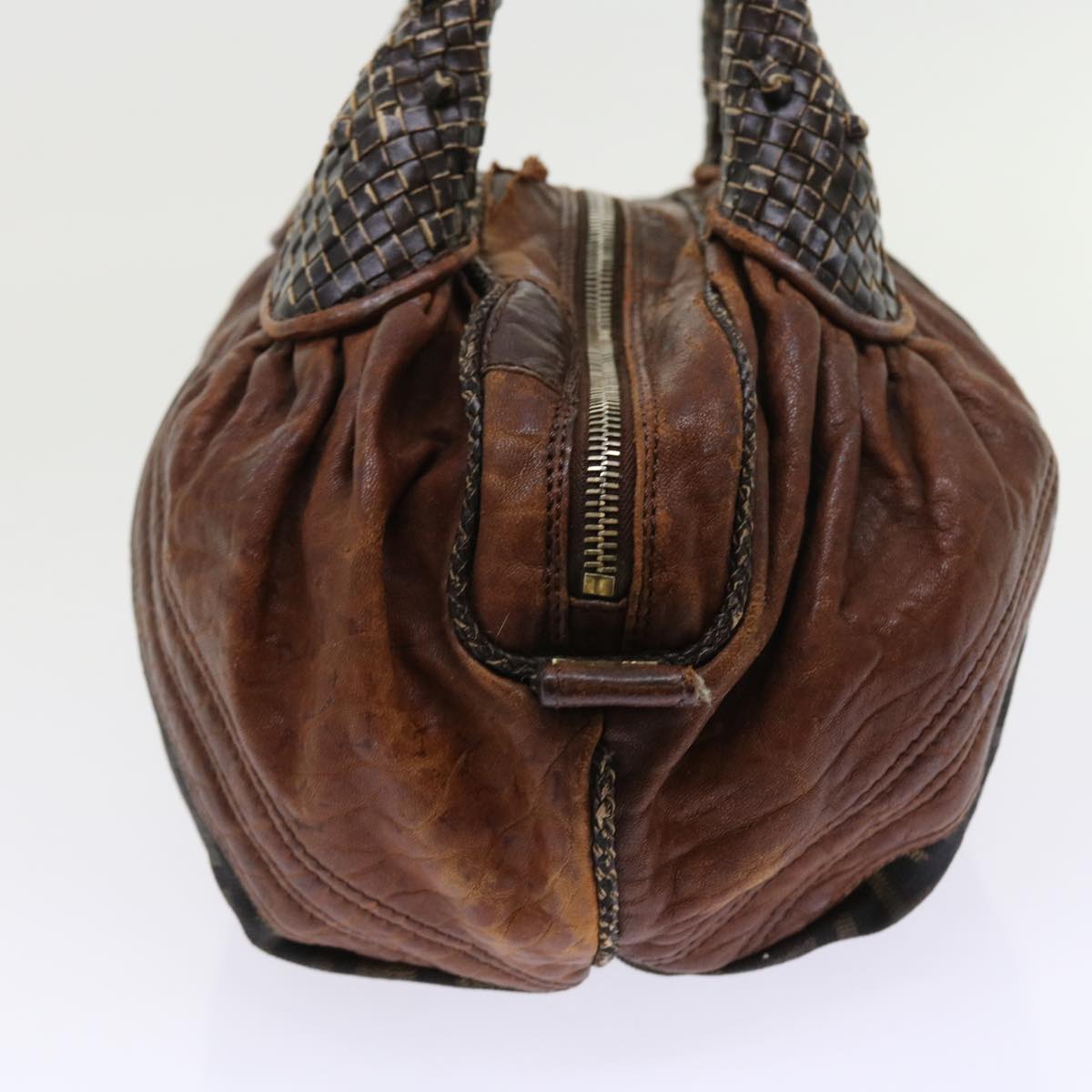 Luxury FendiZucca Canvas Spy Hand Bag Nylon Leather Brownbs8264