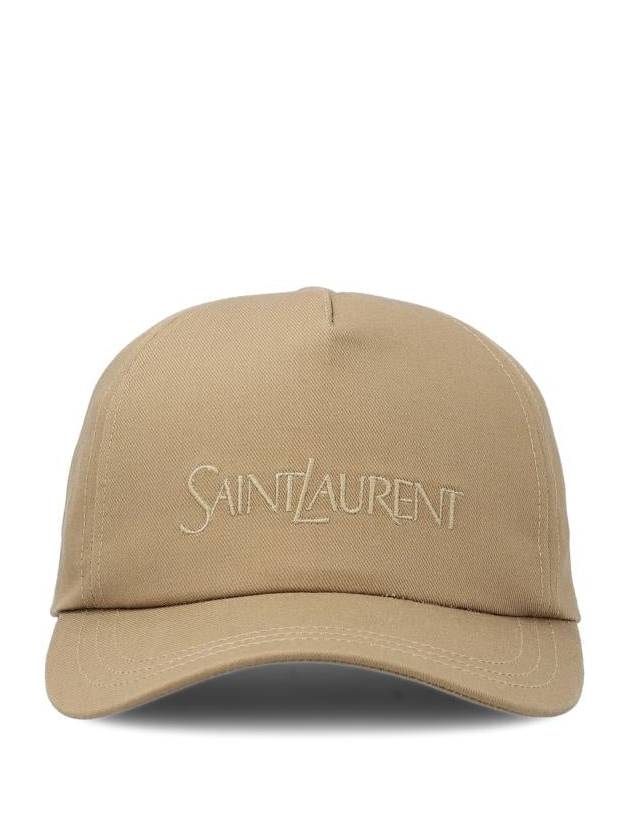 Luxury Saint Laurent Embroidered Logo Gabardine Weave Cotton Ball Cap Beige