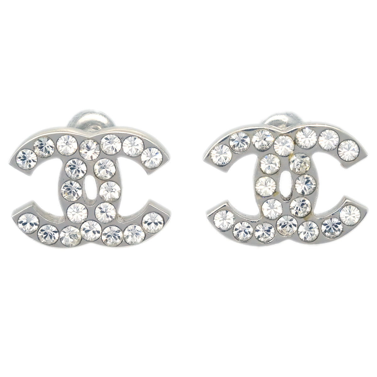 Luxury Chanel CC Rhinestone Piercing Earrings Silver 05V