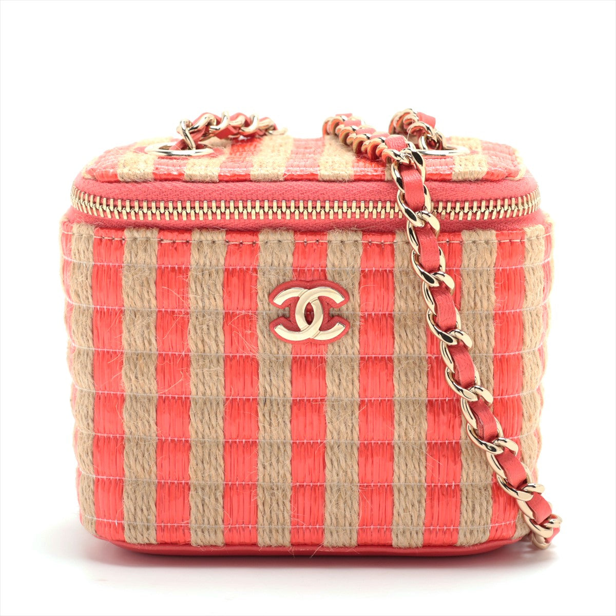 Chanel Coco Raphia Chain Shoulder Bag Vanity Beige X Red Silver G  31st Series