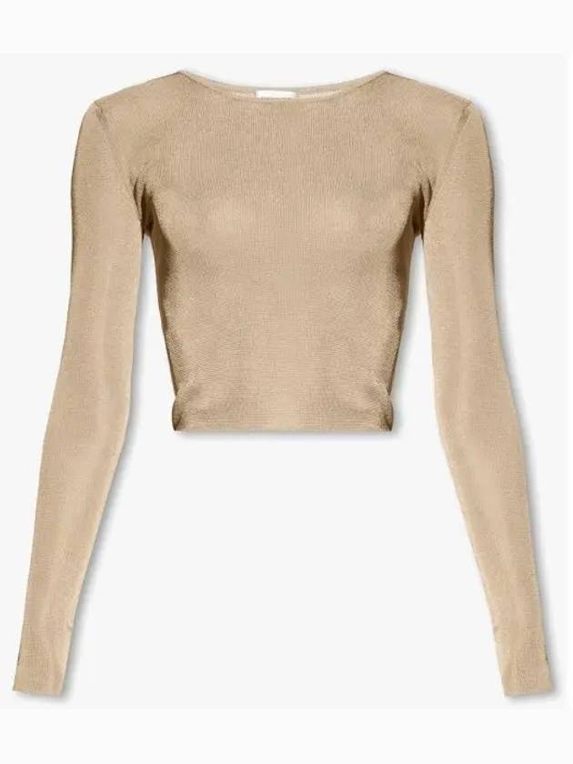 Luxury Saint Laurent Rib Detail Viscose Crop Long Sleeve T-Shirt Beige