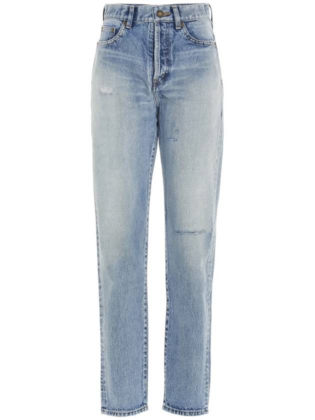 Luxury Saint Laurent Women's Destroyed Washing Denim Jeans Light Blue