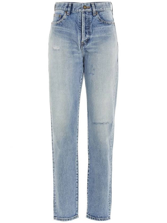 Luxury Saint Laurent Women's Destroyed Washing Denim Jeans Light Blue