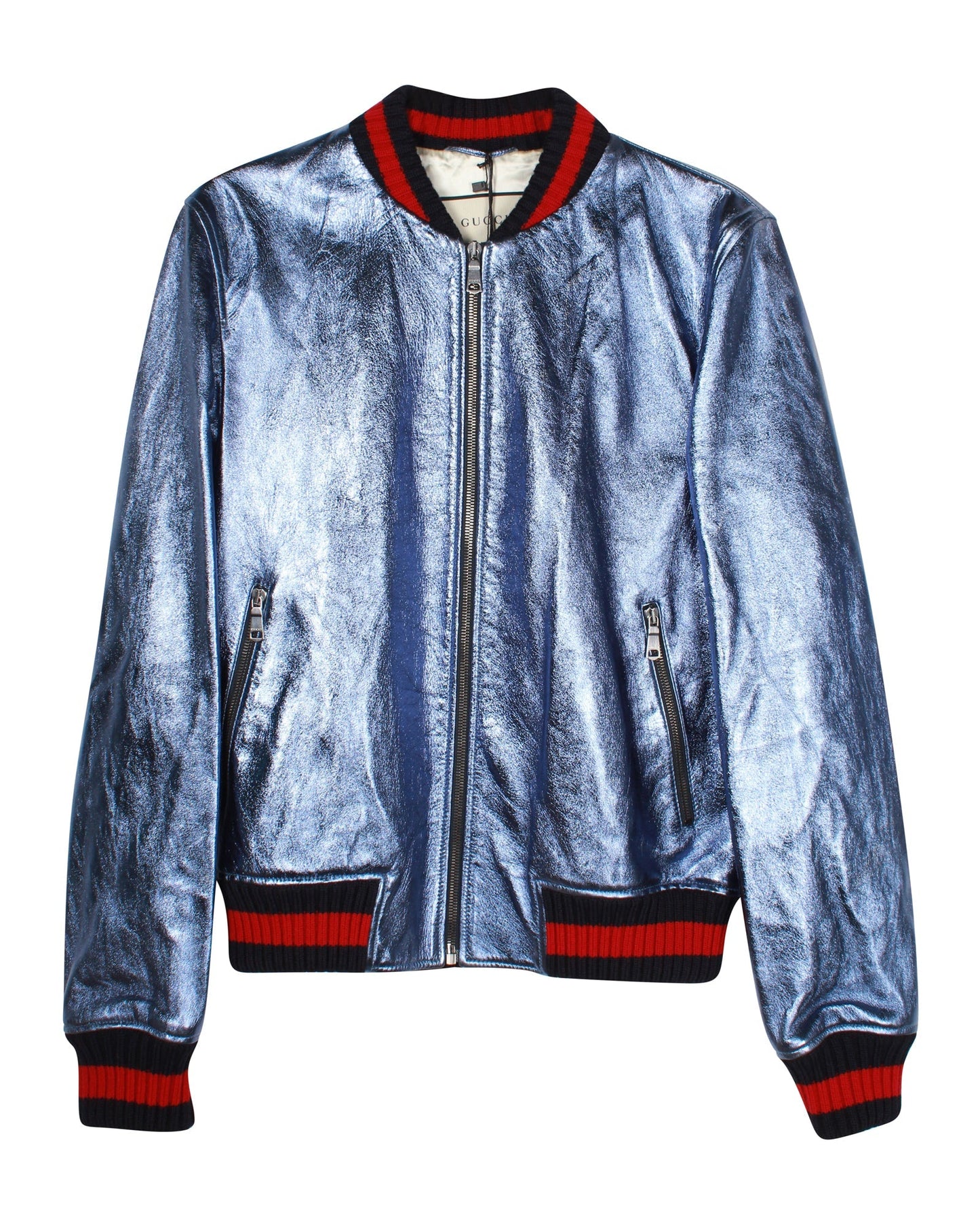 Luxury Gucci Trending 2025 Crackle Bomber Jacket in Blue Leather
