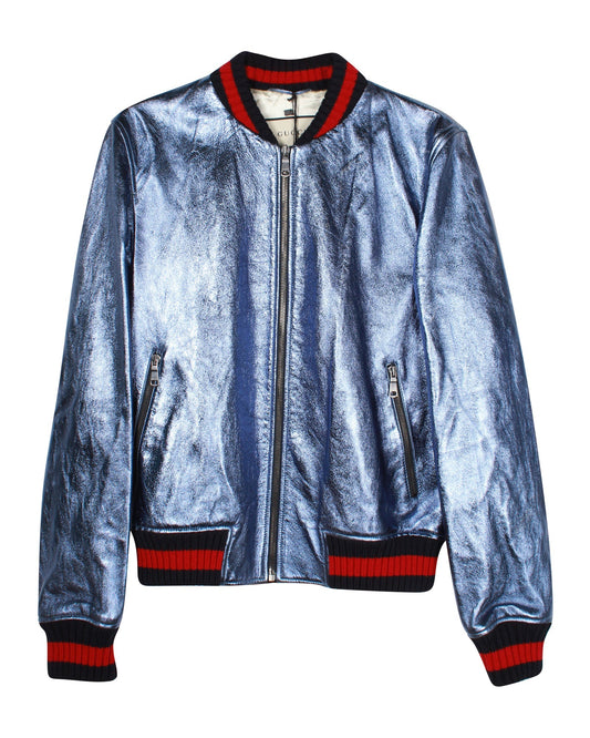 Luxury Gucci Trending 2025 Crackle Bomber Jacket in Blue Leather