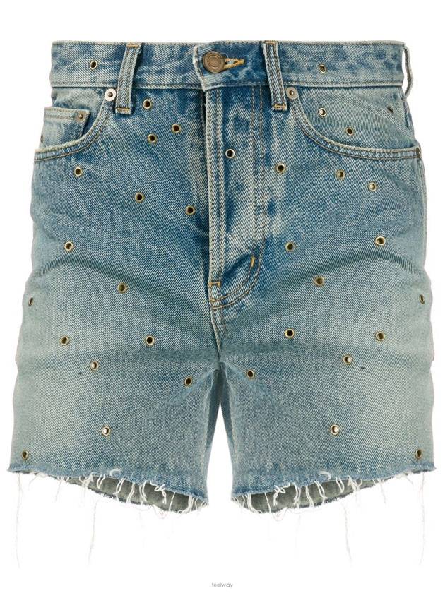 Luxury Saint Laurent Eyelet Stud Cotton Denim Shorts Blue