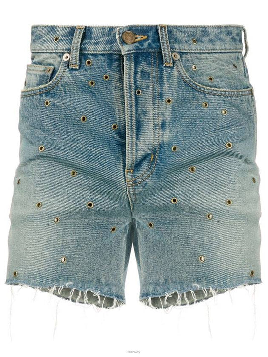 Luxury Saint Laurent Eyelet Stud Cotton Denim Shorts Blue