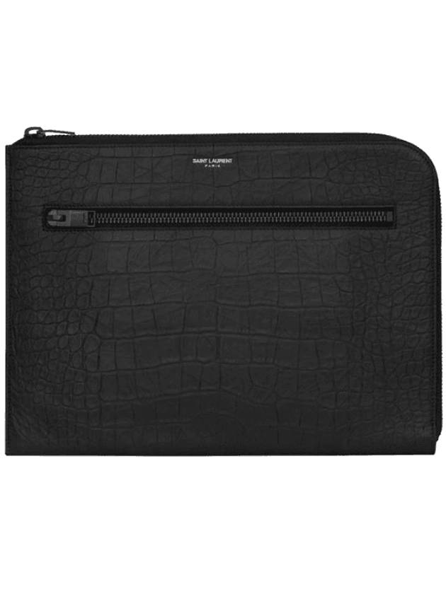 Luxury Saint Laurent Zipper Detail Logo Crocodile Clutch Bag Black