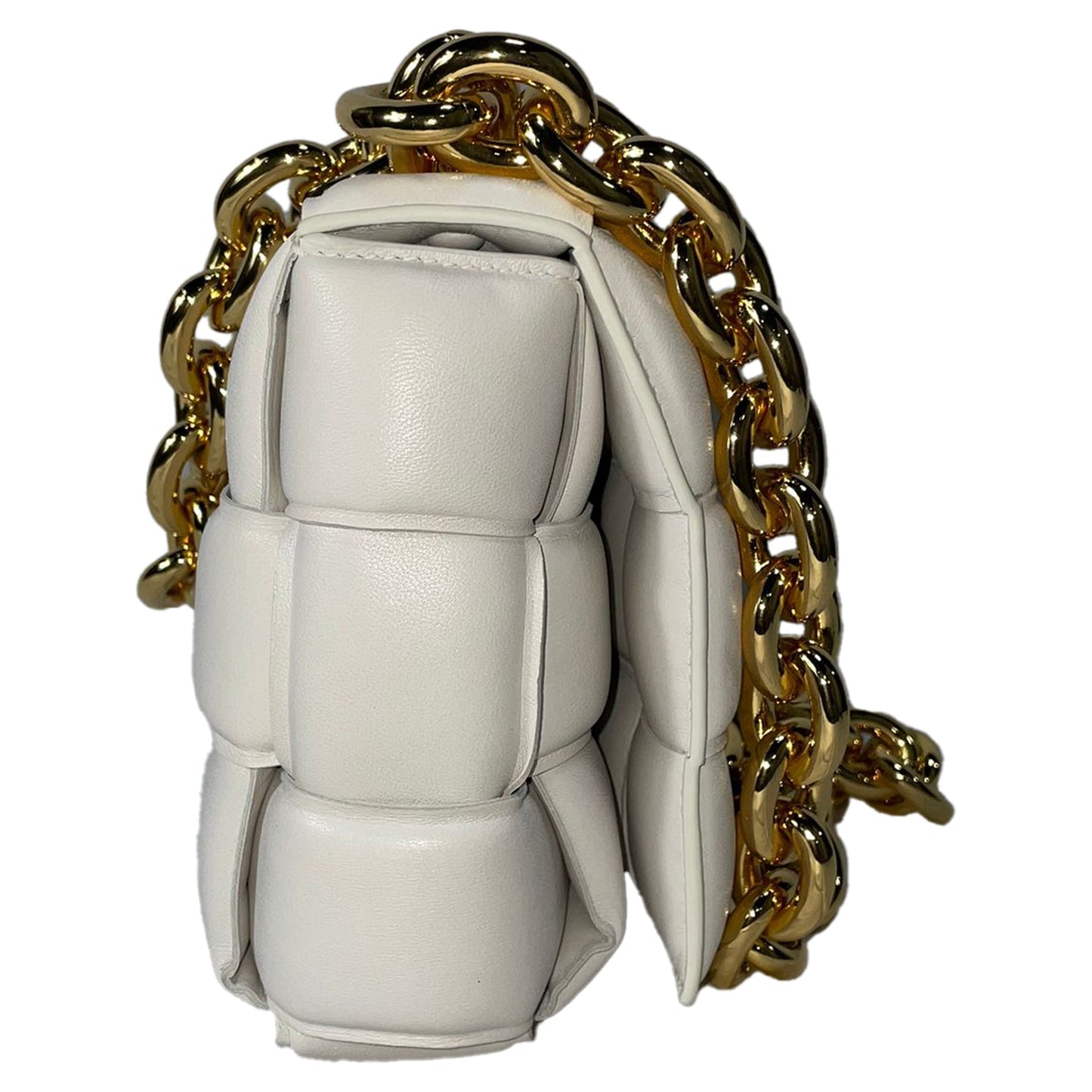 Luxury Bottega Veneta Maxi Cassette Chain Padded Shoulder Bag in White Lambskin Leather