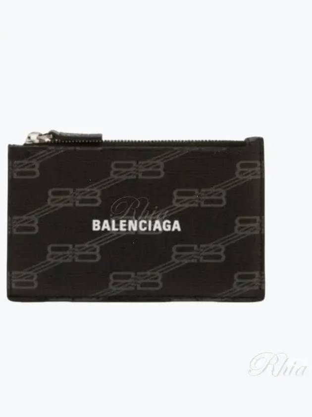 Luxury Balenciaga BB Monogram Coated Canvas Coin Card Wallet Black