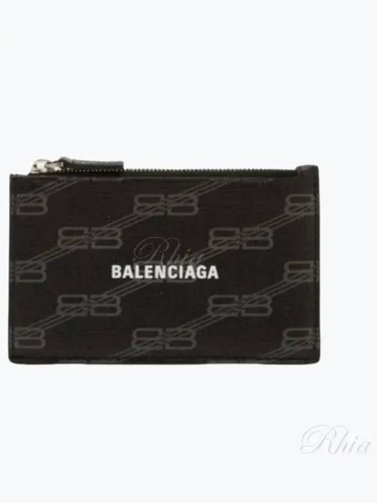 Luxury Balenciaga BB Monogram Coated Canvas Coin Card Wallet Black