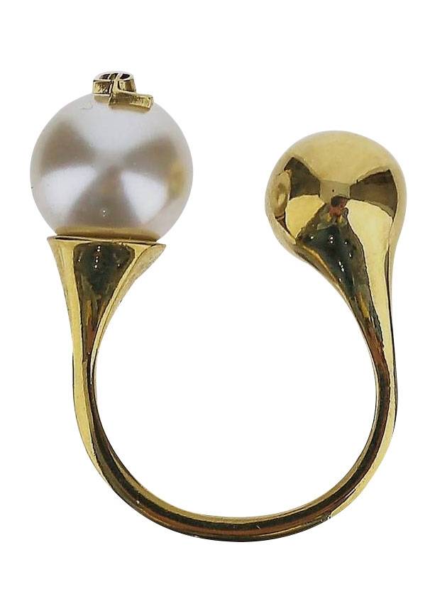 Luxury Saint Laurent YSL Logo Pearl Ring Aging Brass Gold