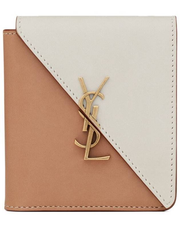Luxury Saint Laurent Women's Jamie Fold Monogram Bicolor Half Wallet Beige