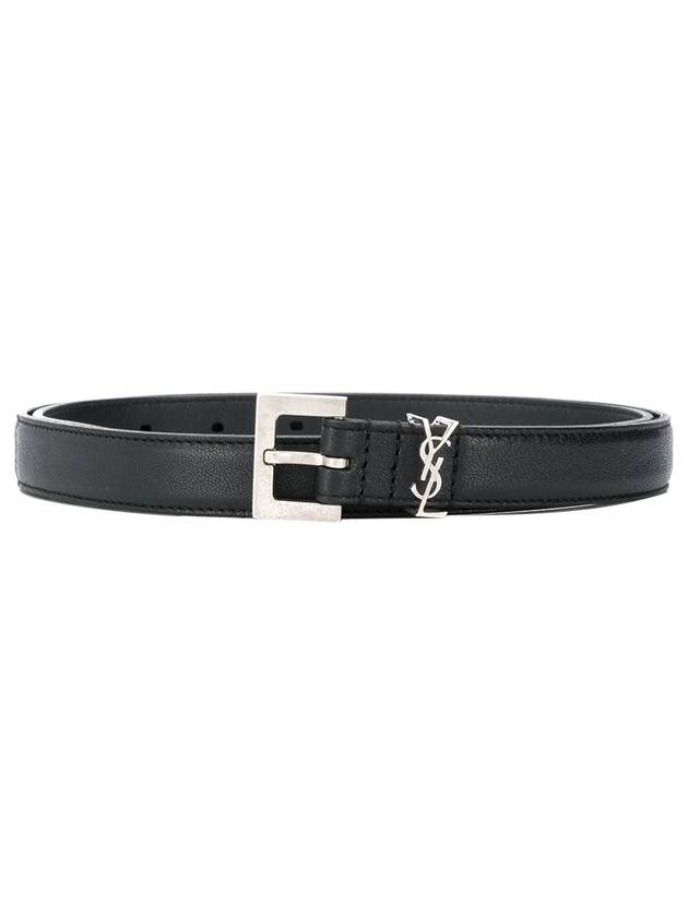 Luxury Saint Laurent Men's Monogram Silver Buckle Leather Belt Black