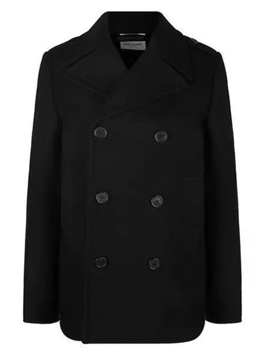 Luxury Saint Laurent Women's Double Breasted Wool Peacoat Black