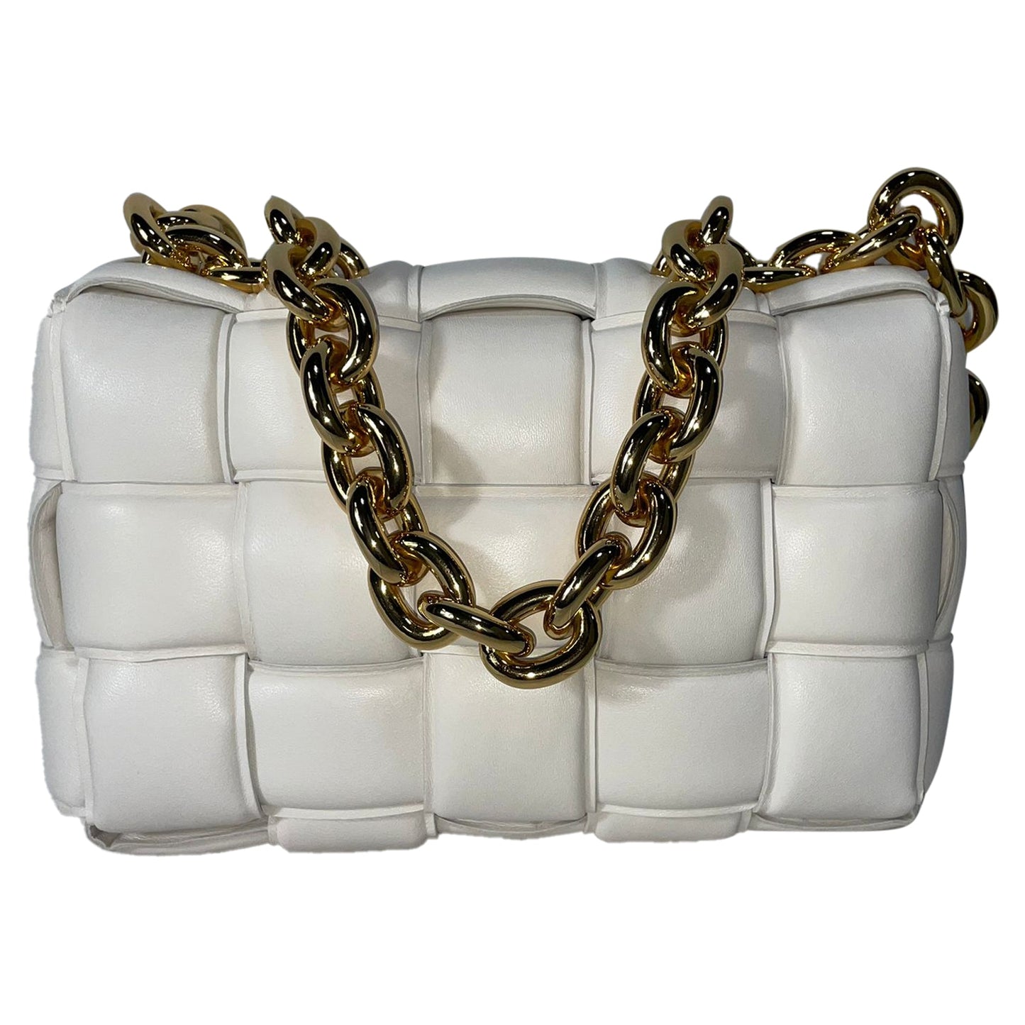 Luxury Bottega Veneta Maxi Cassette Chain Padded Shoulder Bag in White Lambskin Leather