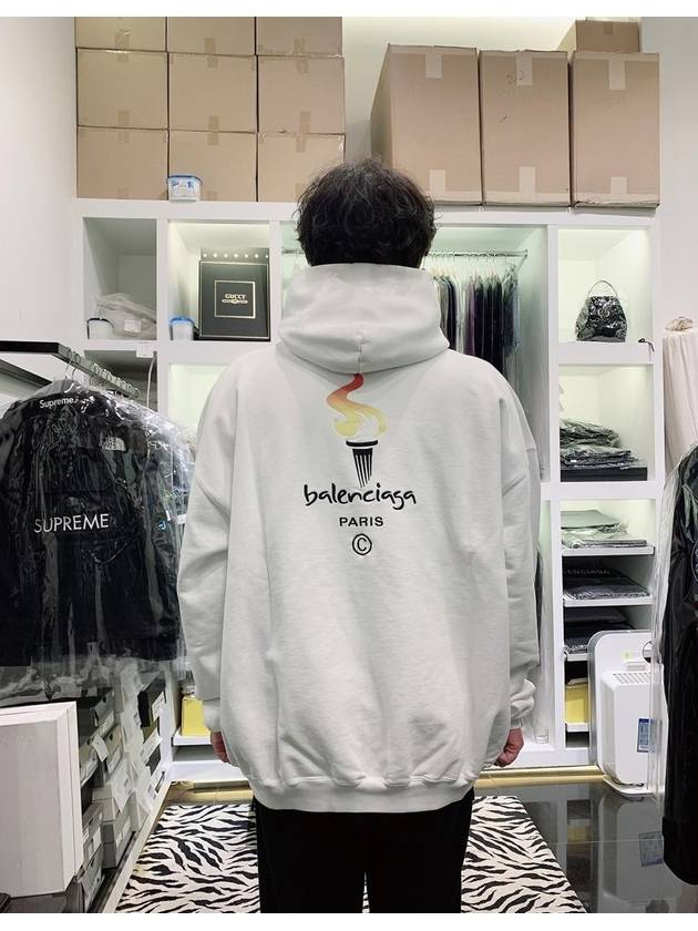 Luxury Balenciaga Embroidered Flame Logo Hoodie White
