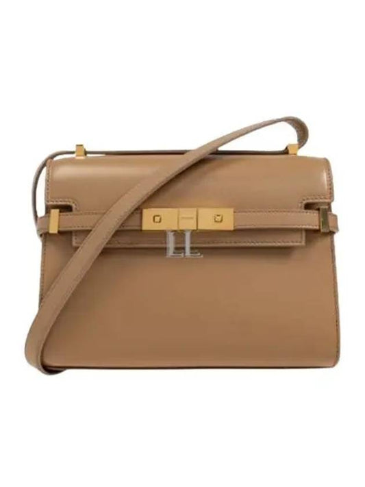 Luxury Saint Laurent Manhattan Mini Embossed Gold-Tone Logo Leather Cross Bag Beige