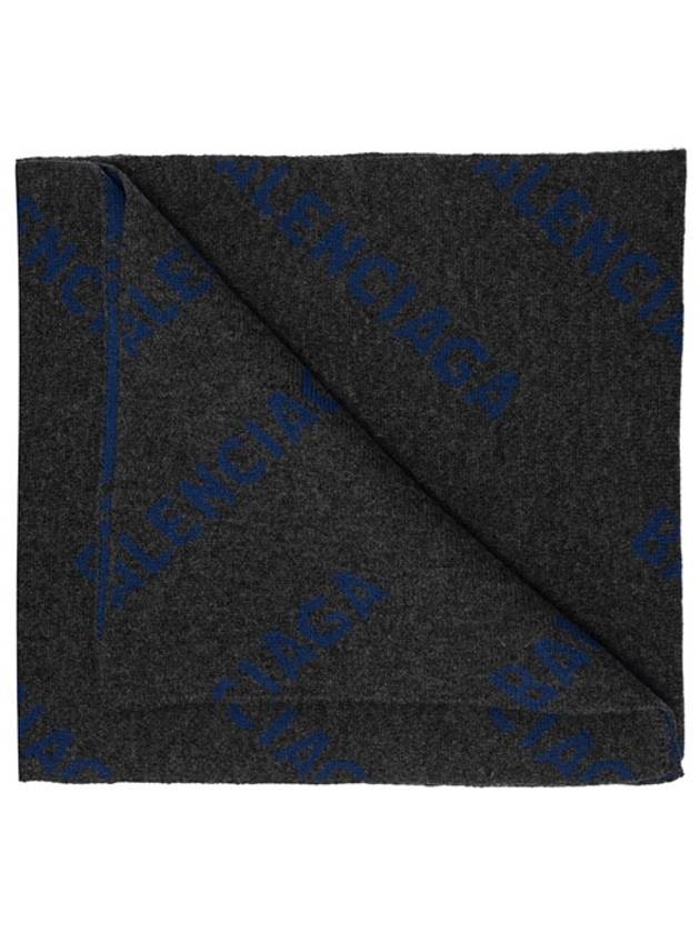 Luxury Balenciaga All Over Logo Wool Muffler Blue Dark Grey