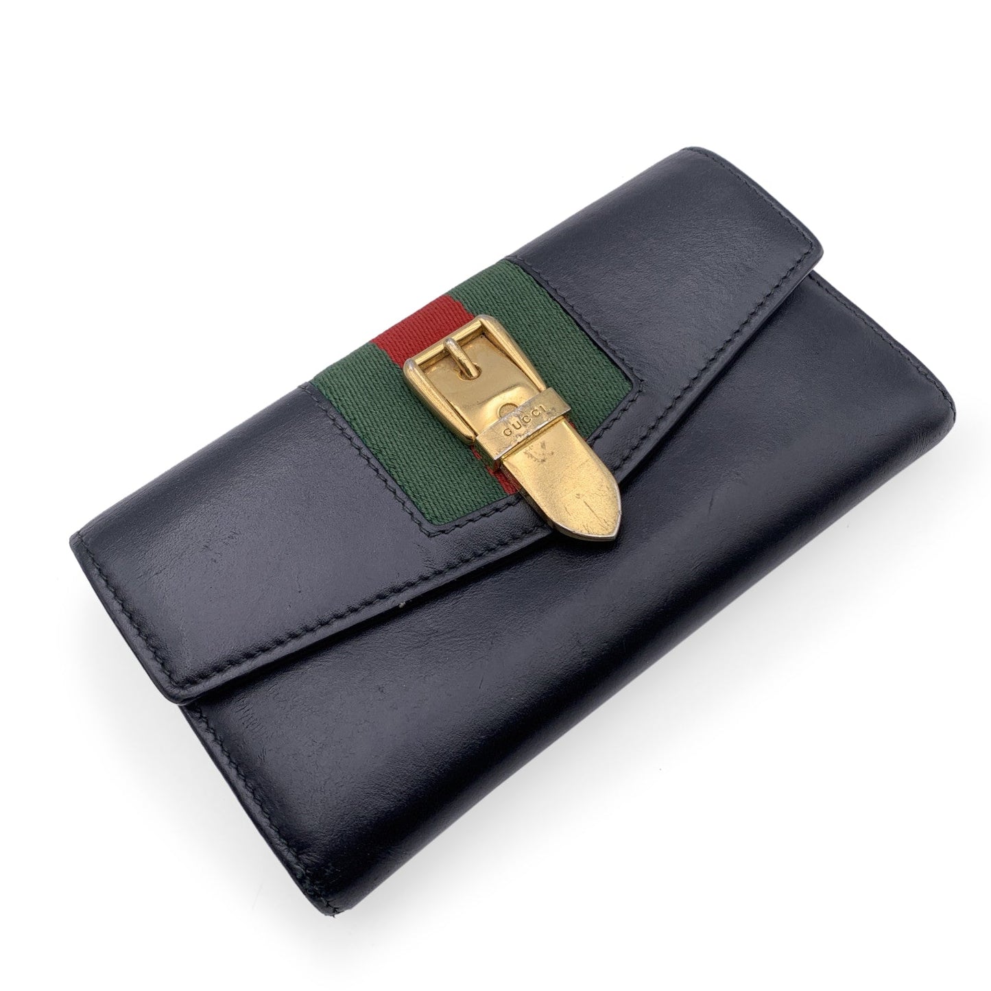 Luxury Gucci Trending 2025 Black Leather Signature Web Sylvie Continental Wallet