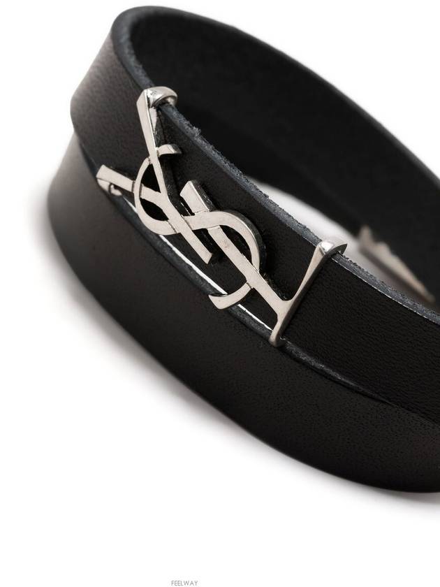 Luxury Saint Laurent Silver Logo Leather Bracelet Black