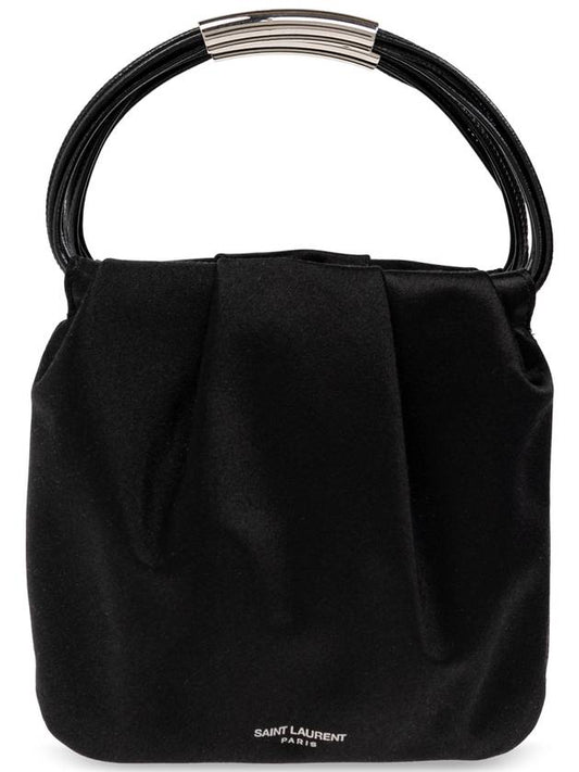 Luxury Saint Laurent Logo Stamp Drawstring Small Tote Bag Black
