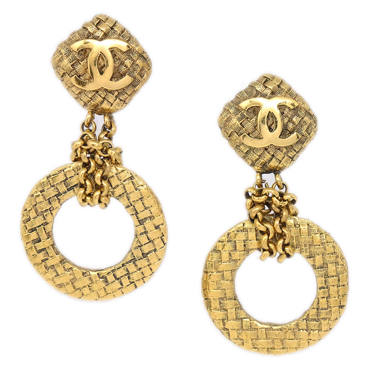 Luxury Chanel 1994 Woven CC Hoop Earrings Clip-On Gold 2881