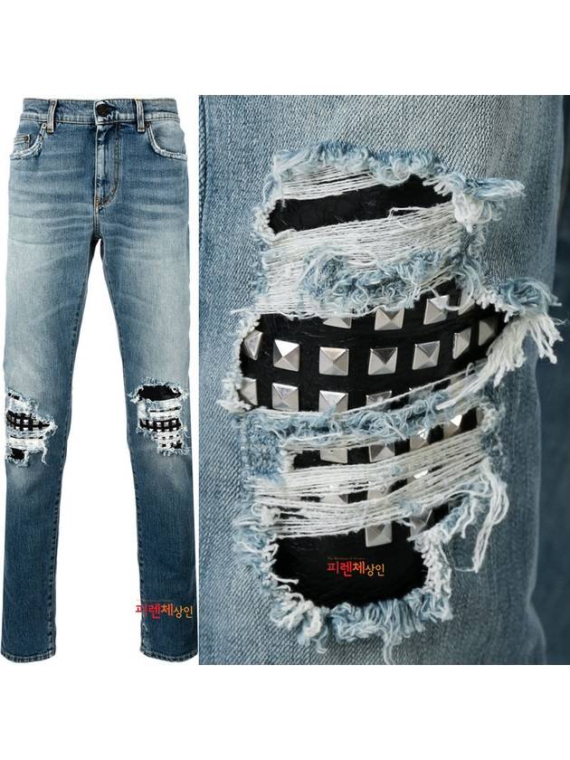 Luxury Saint Laurent Men's Leather Stud Washed Jeans Blue
